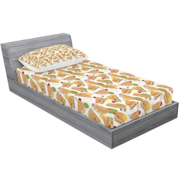 NEW! Ambesonne Fast Food Taco Fitted Sheet & Pillow Sham Set, Sandwich and Tacos - Picture 1 of 4